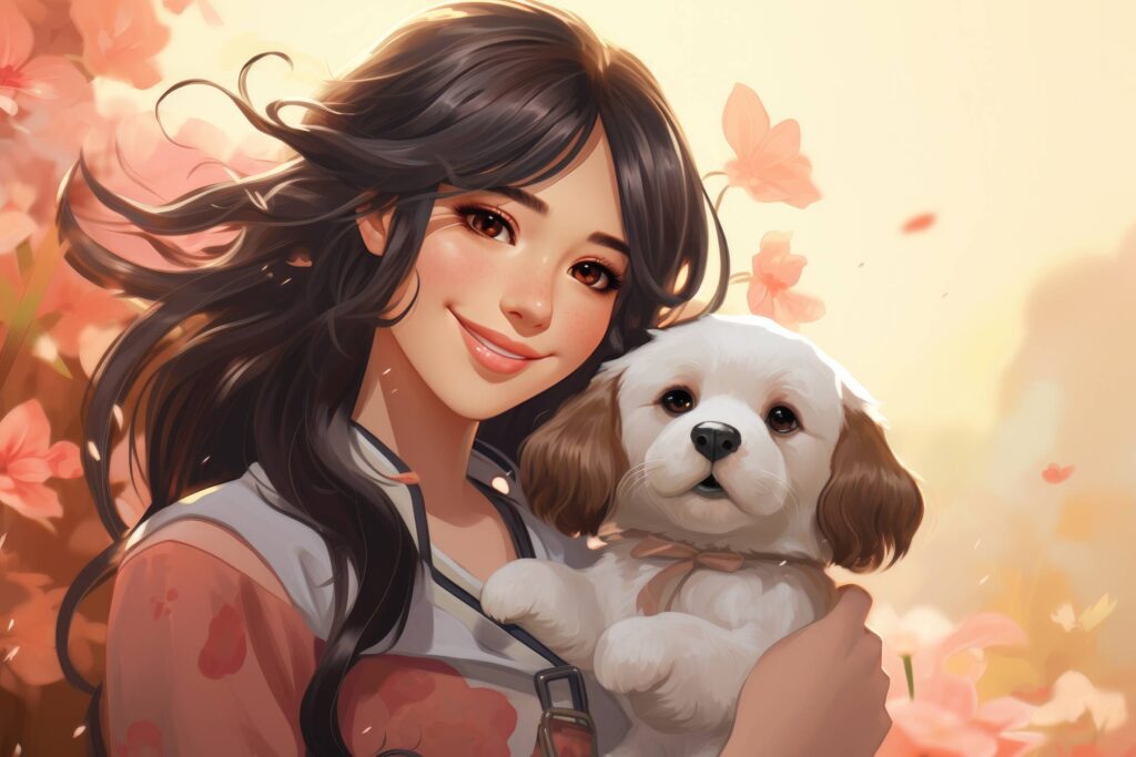 Manga Woman with Cute Puppy Free Photo