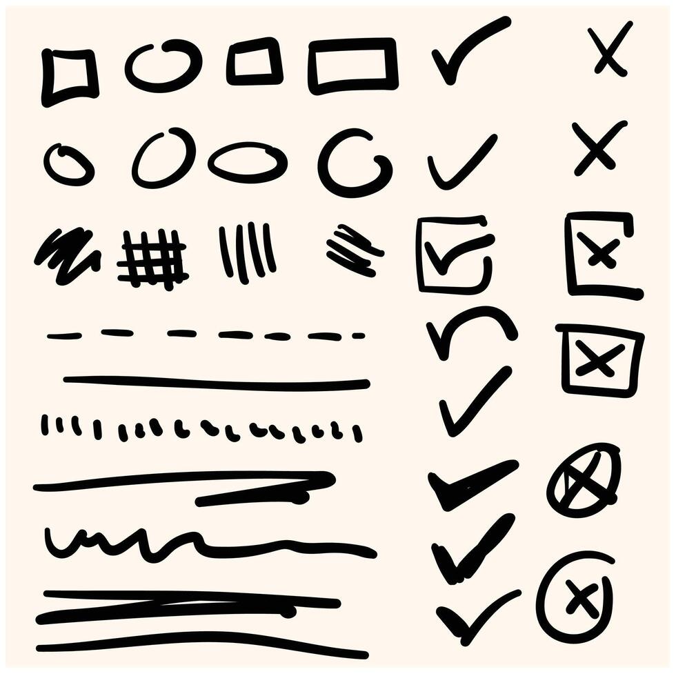 Marker check box. Hand drawn vector mark for list. Brush stroke, circle, round line, tick icon. Pen arrow, wrong mark, doodle cross, underline, handwritten pencil sketch with illustration Stock Free