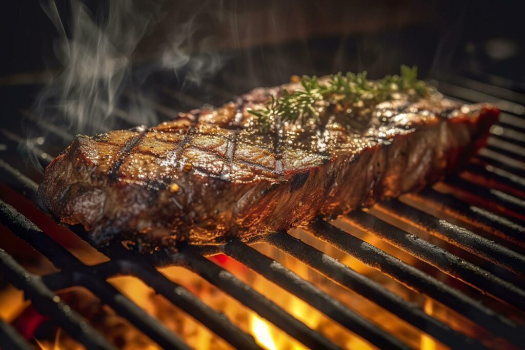 Meat grilling on a charcoal grill with smoke rising. AI Generated Free Photo