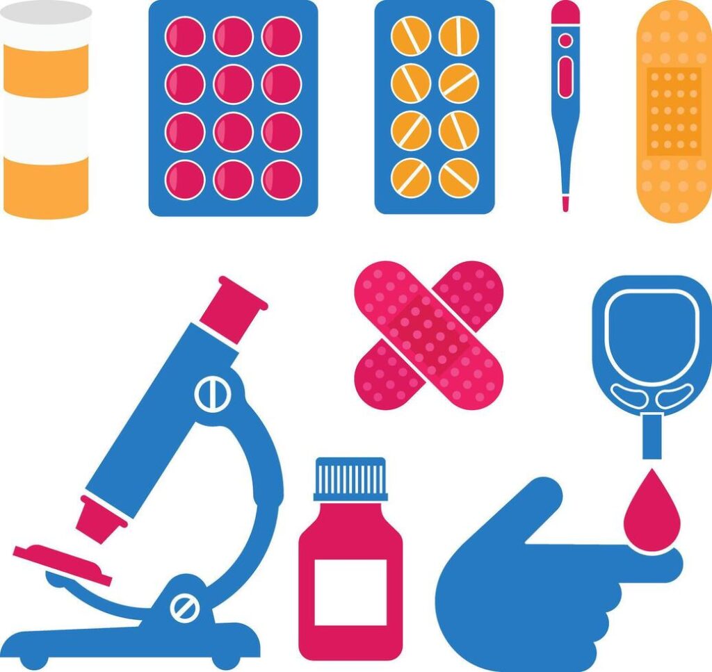 Medical and Healthcare Elements. Wound Plaster, Medicine, Microscope, Blood Sugar, Glucose, Diabetes Level Testing Icons Stock Free