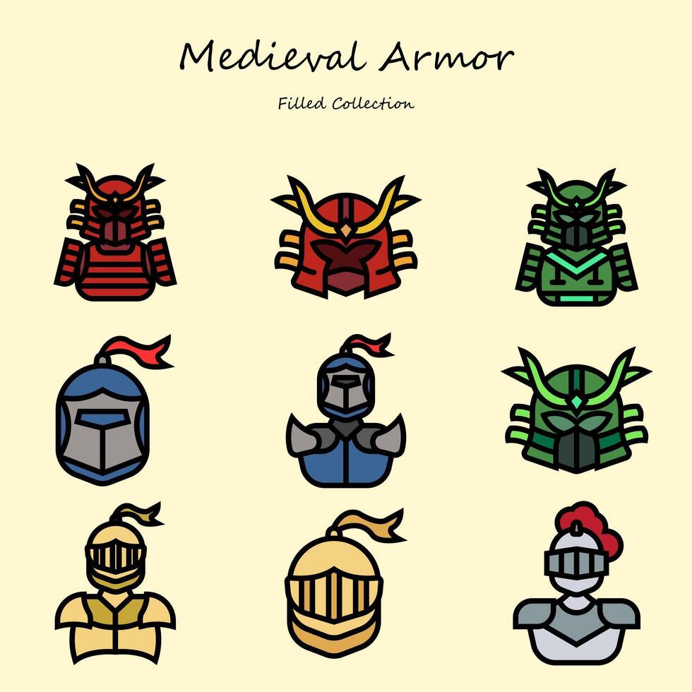 medieval armor editable icons set filled line style. with various shapes. armor, samurai, knight, helmet, warrior. filled collection Stock Free