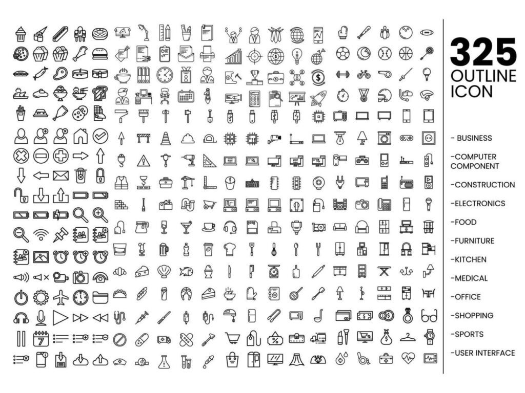 mega set outline icon set. business, computer component, construction, electronic, food, furniture, kitchen, medical, office, shopping, sports, user interface icon set Stock Free