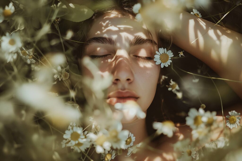 Mellow Photography of a Woman Lying in Daisies Stock Free