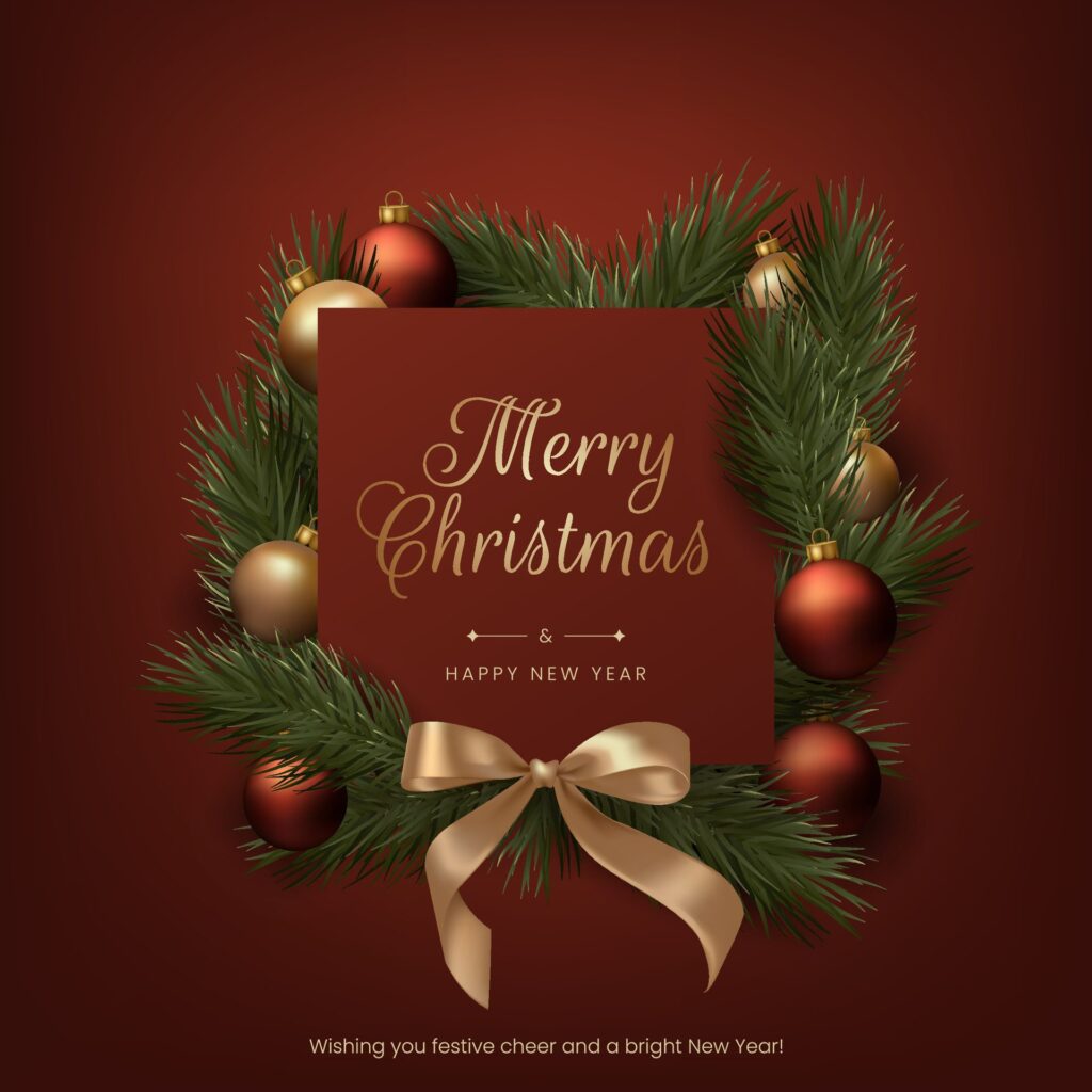 Merry Christmas frame realistic red and gold balls, pine tree branches, and festive bow ribbons. This elegant design is suitable for holiday cards, invitations, and banners. Not Free Vector