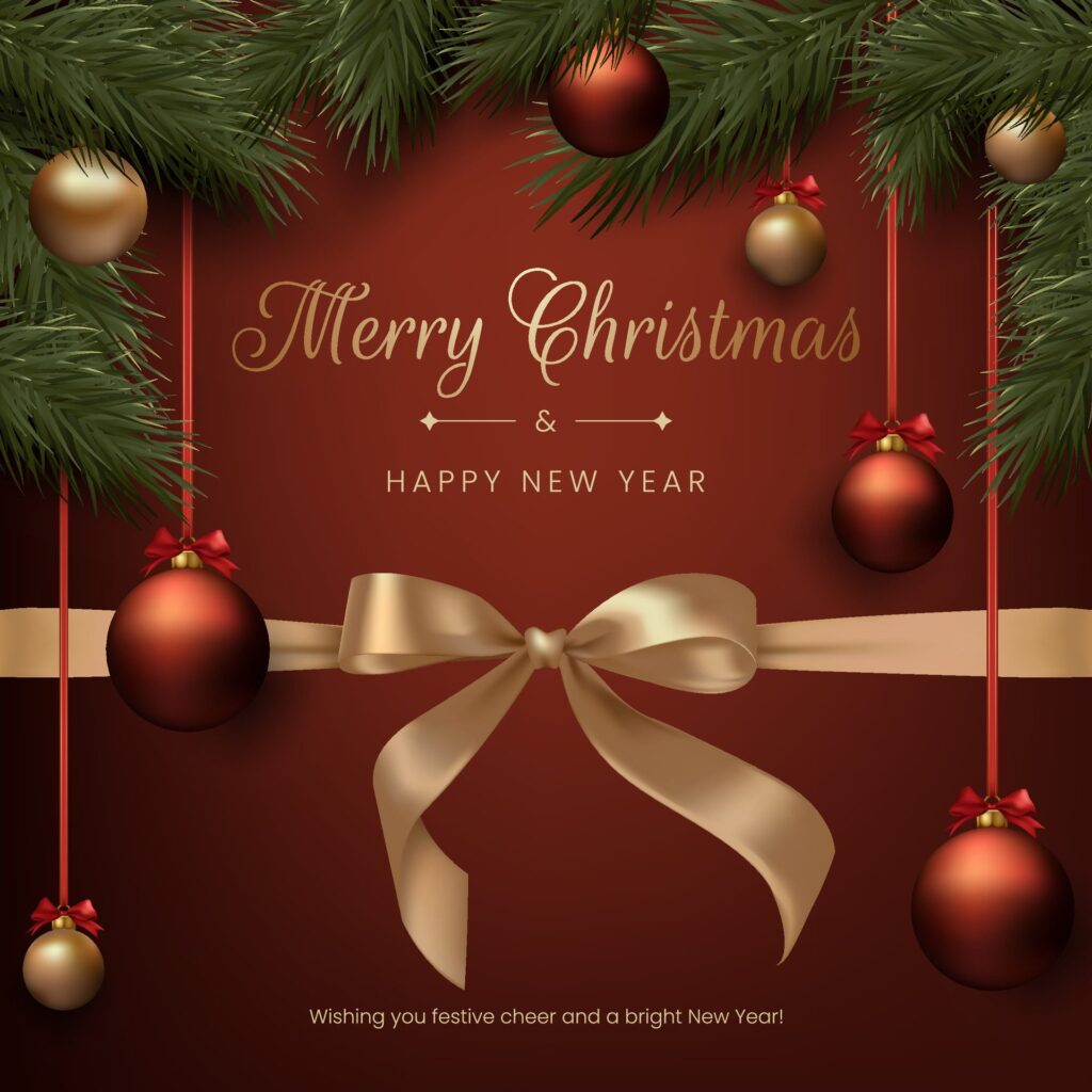 Merry Christmas realistic red and gold balls, pine tree branches, and festive bow ribbons. This elegant design is suitable for holiday cards, invitations, and banners. Not Free Vector