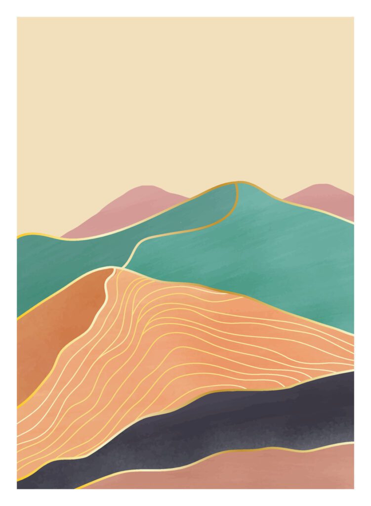 Mid century modern minimalist art print. Abstract contemporary aesthetic backgrounds landscapes set with mountain, Sun, Moon, sea, forest. vector illustrations Free Vector and Free SVG