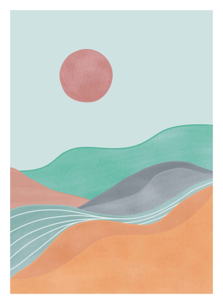 Mid century modern minimalist art print. Abstract contemporary aesthetic backgrounds landscapes set with mountain, Sun, Moon, sea, forest. vector illustrations Free Vector