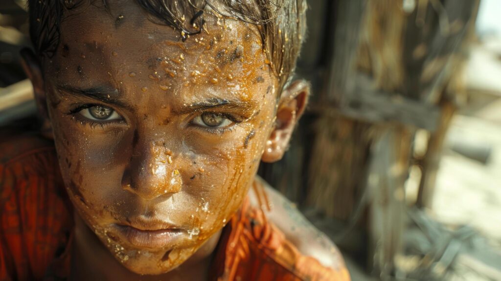 Middle eastern muslim boy volunteer body is dirty and ragged is a war refugee in a refugee camp. Poverty and lack of resources. AI-Generated Free Photo