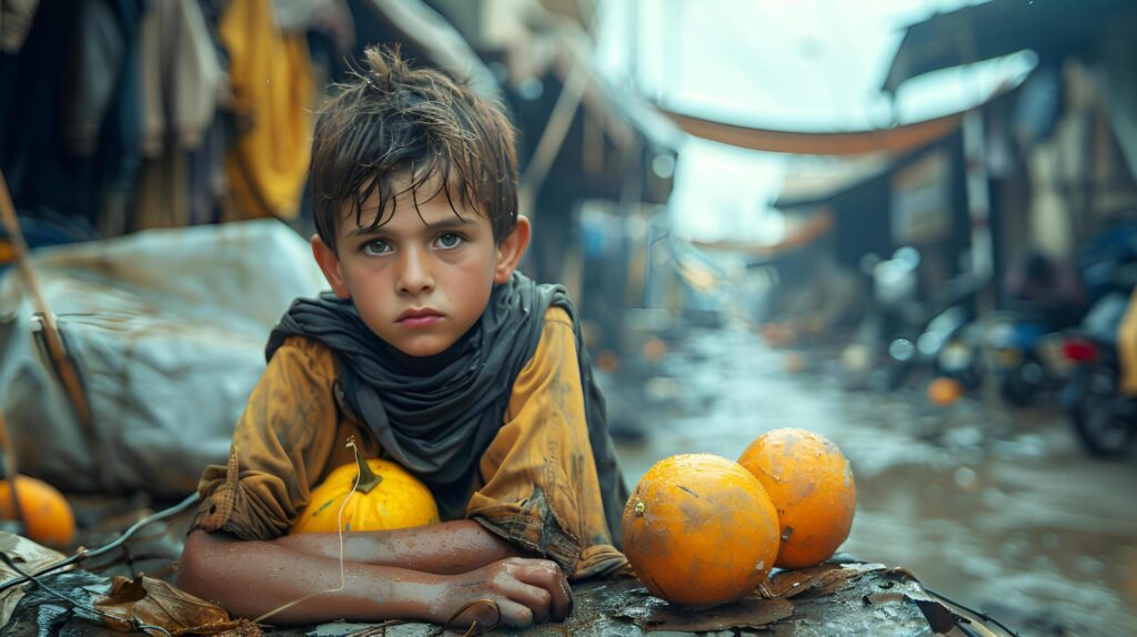 Middle eastern muslim boy volunteer in a yellow shirt is a war refugee in a refugee camp. Poverty and lack of resources. AI-Generated Free Photo