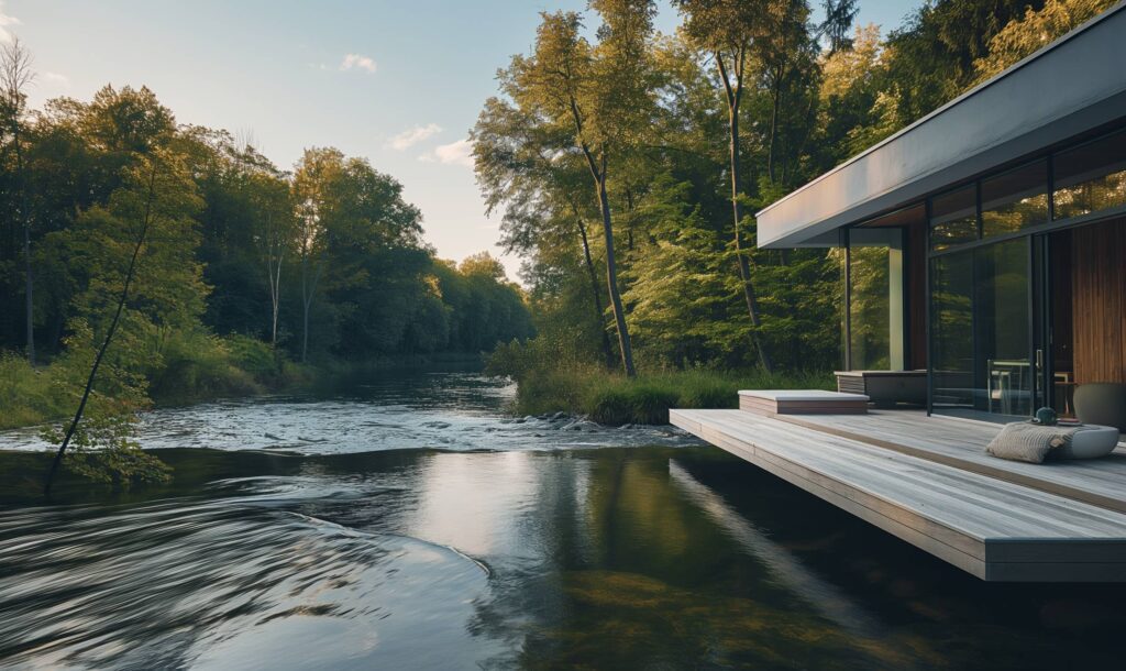 Minimalist House With a Terrace Over a Small River in the Middle of a Forest Stock Free