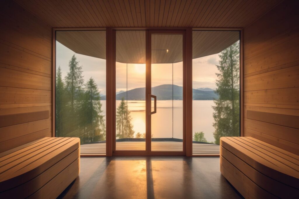 Modern Sauna Interior with Amazing Lake View Stock Free