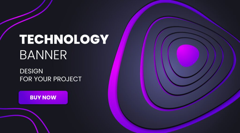 Modern technology banner in geometry style. Futuristic hi-tech colorful background. Vector illustration. Dynamic neon purple line abstractions for typography, design frame for social media post. Free Vector