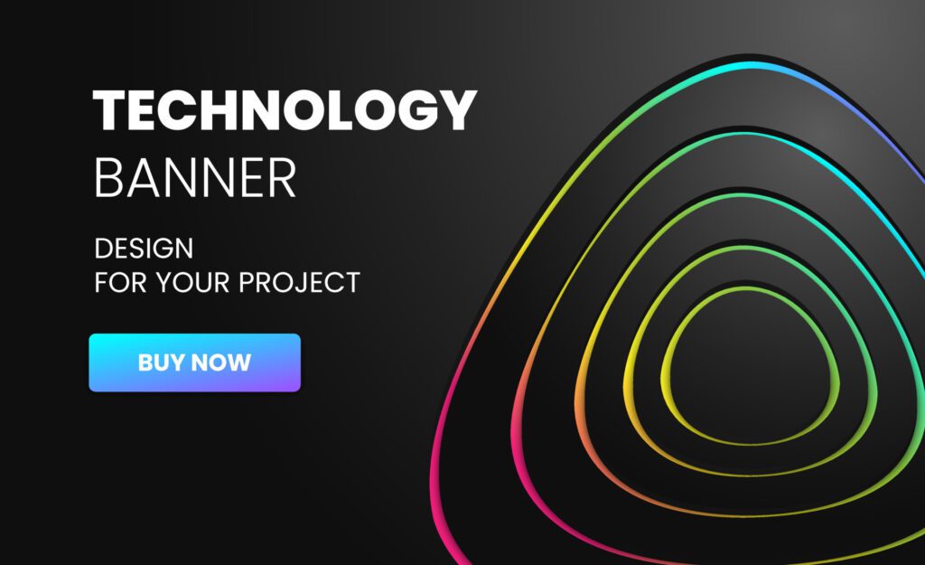 Modern technology banner in geometry style. Futuristic hi-tech colorful background. Vector illustration. Dynamic neon rainbow line abstractions for typography, design frame for social media post. Free Vector