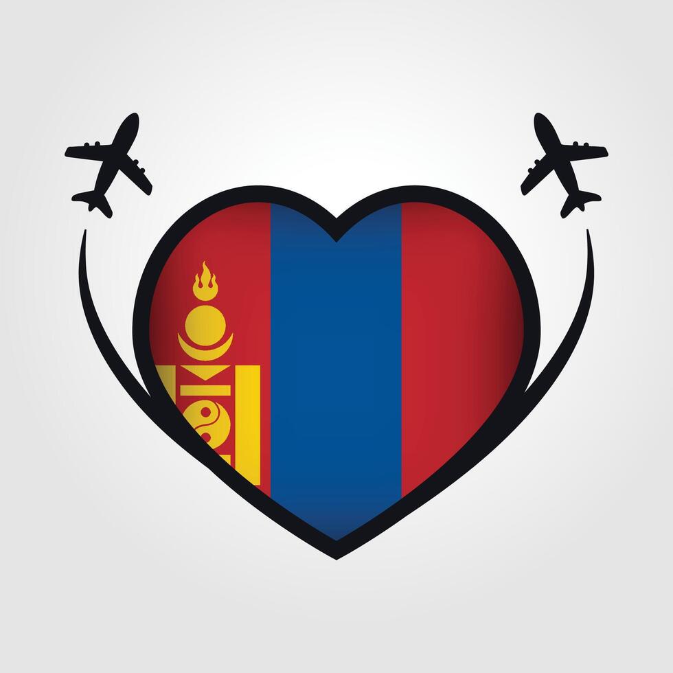 Mongolia Travel Heart Flag With Airplane Icons Stock Free