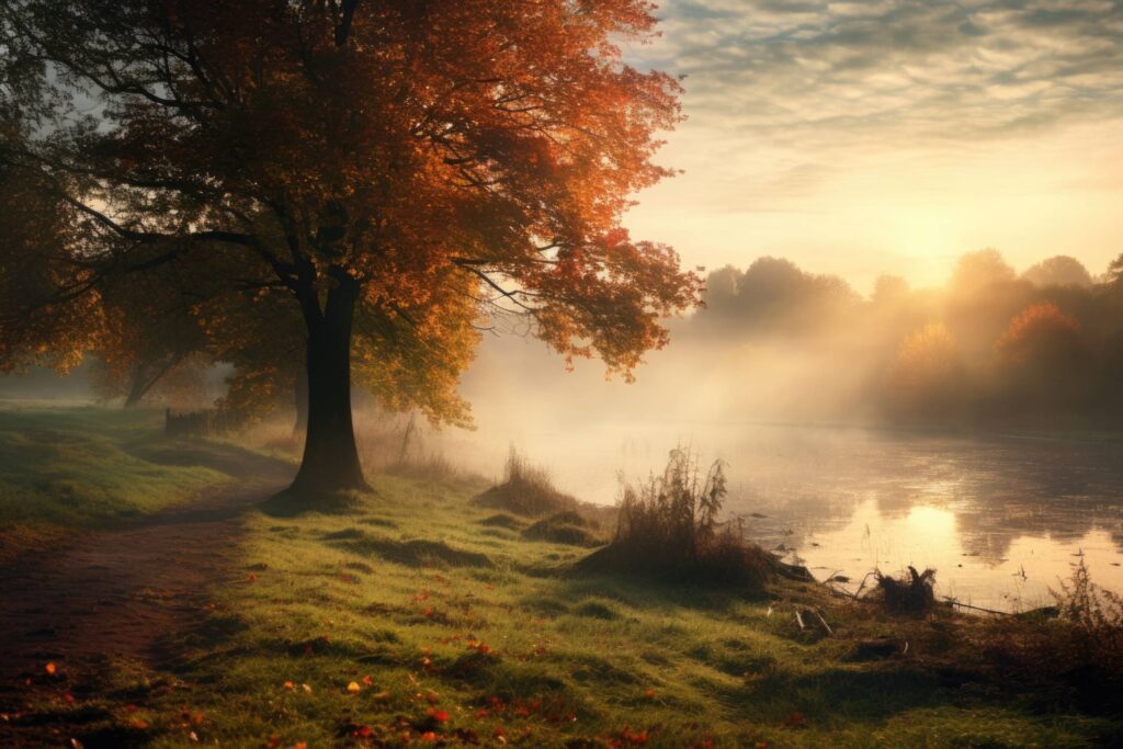 Morning Foggy Nature River Scenery in Autumn Stock Free