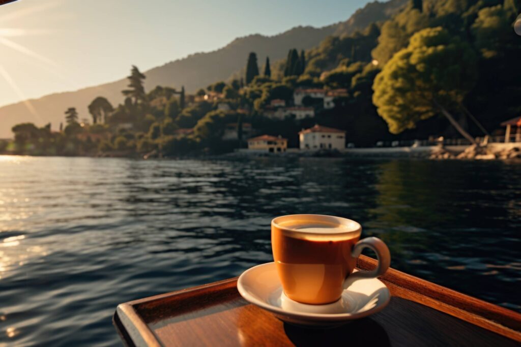 Morning Relaxation on a Boat with Coffee on an Italian Lake Stock Free