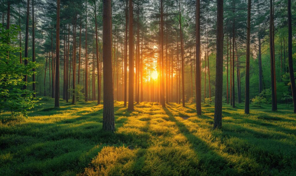 Morning Sun Shining Through Trees in a Beautiful Forest Stock Free