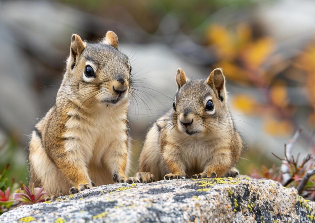 Mother and baby squirrel sitting on granite rock generated by AI. Free Photo