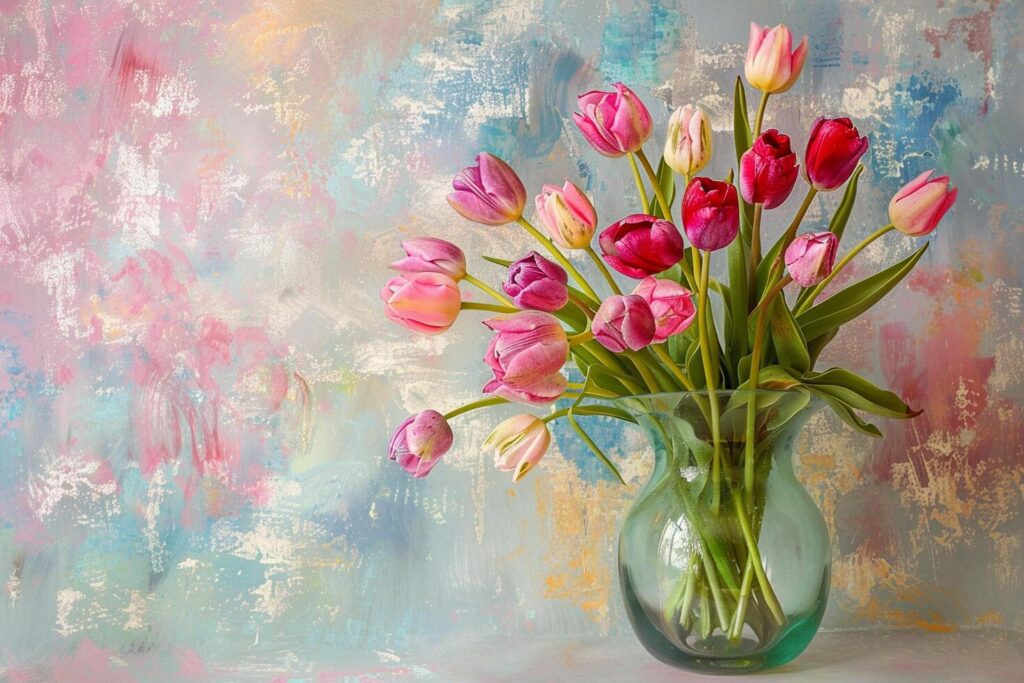 Mother’s day colorful background concept with tulip flower in a glass vase. Stock Free