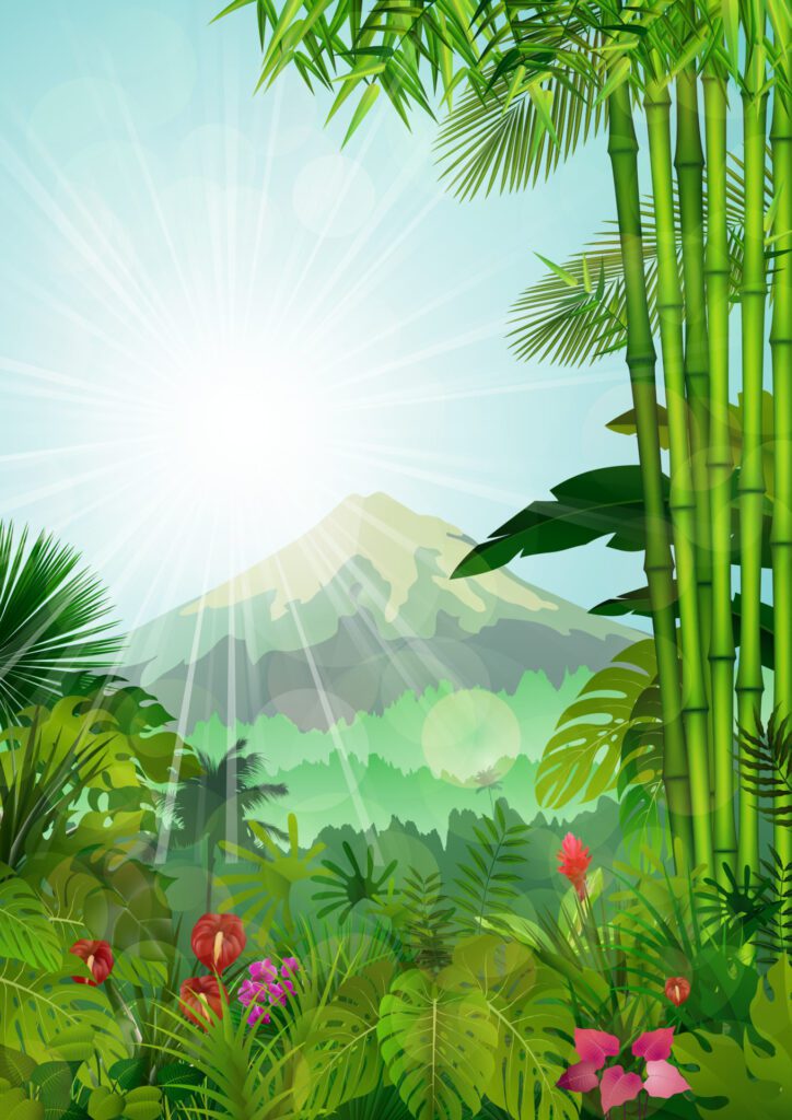 Mountains landscape of tropical background with sunrays Free Vector