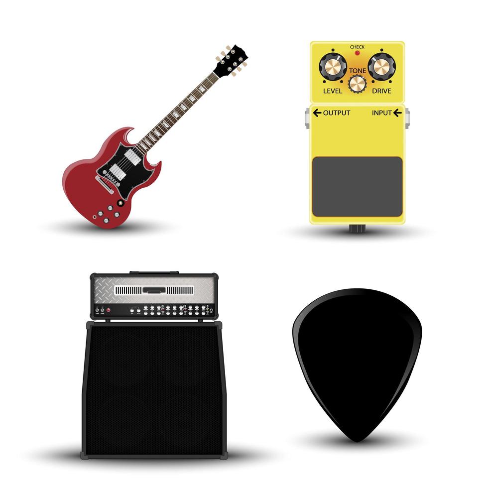 Music instruments icon, guitar, amplifier, pick and effect pedal set Stock Free