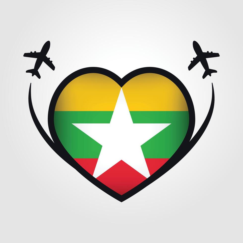 Myanmar Travel Heart Flag With Airplane Icons Stock Free