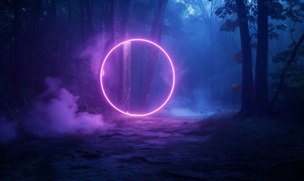 Mysterious Glowing Neon Circle in Dark Forest Stock Free