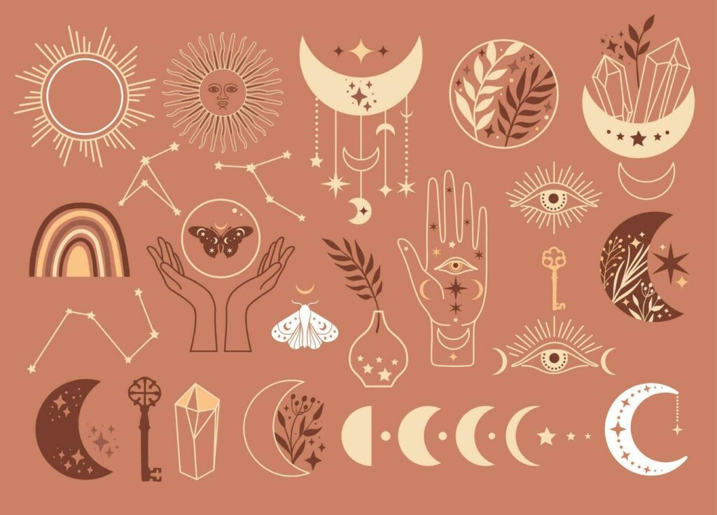 Mystical moon phases set icons and woman hands and moth, alchemy esoteric magic space, vector isolated on beige background Stock Free