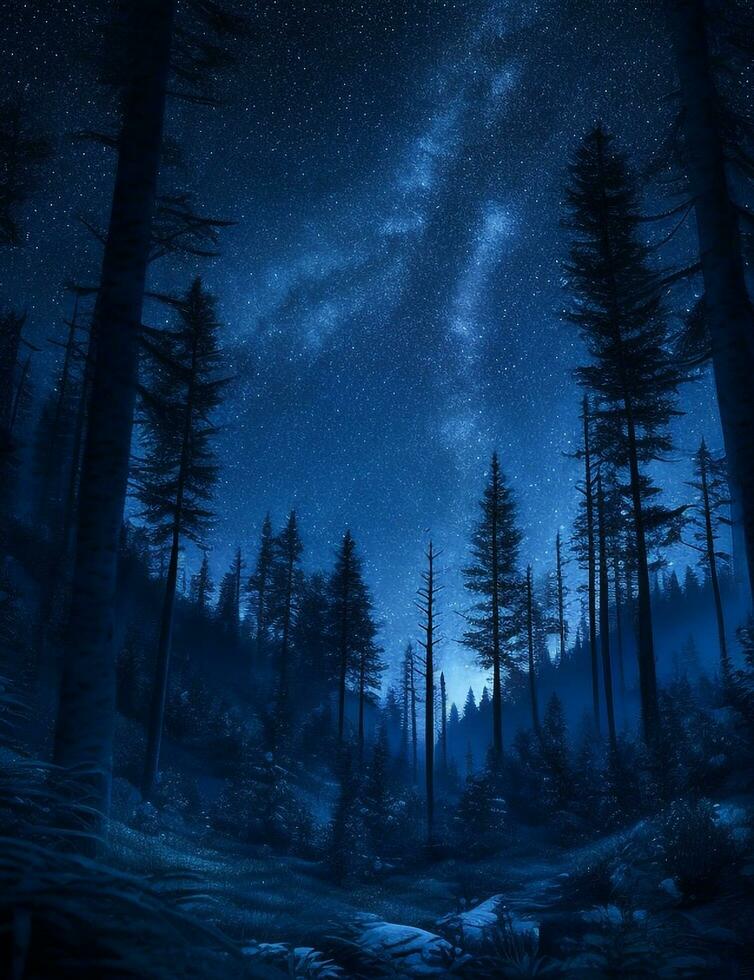 Mystical Moonlit Forest Serene Nature Night Background, Ai Generative Stock Free