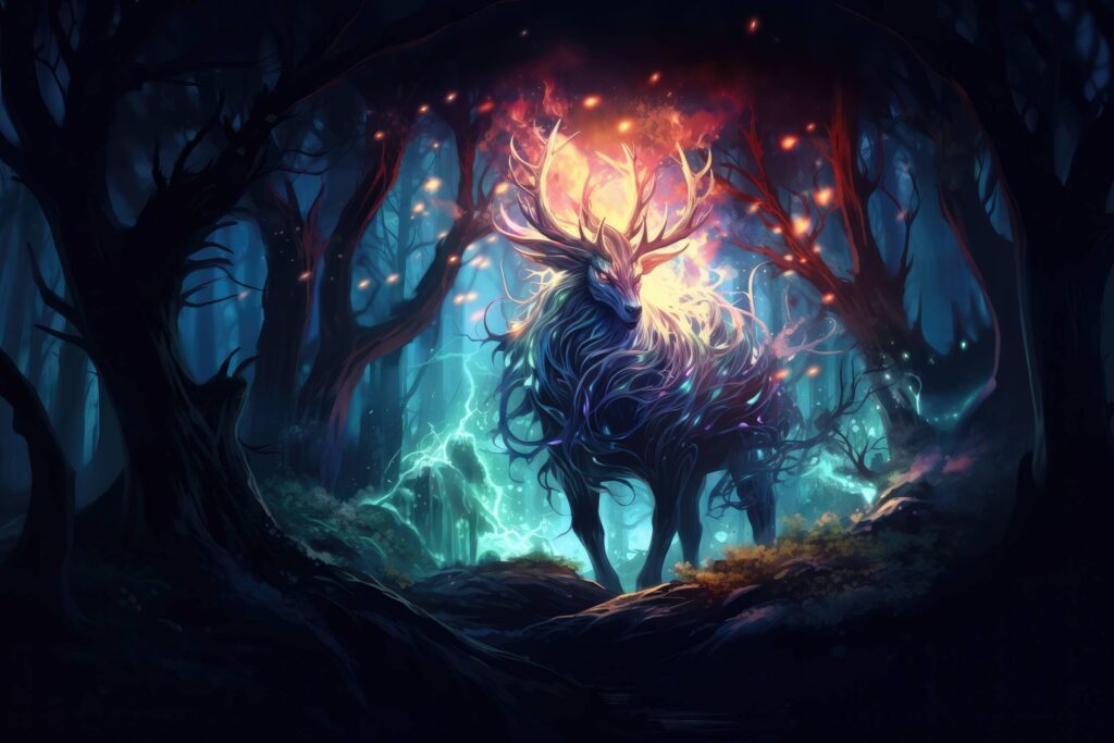 Mythical Creature Walking in a Dark Glowing Forest Stock Free