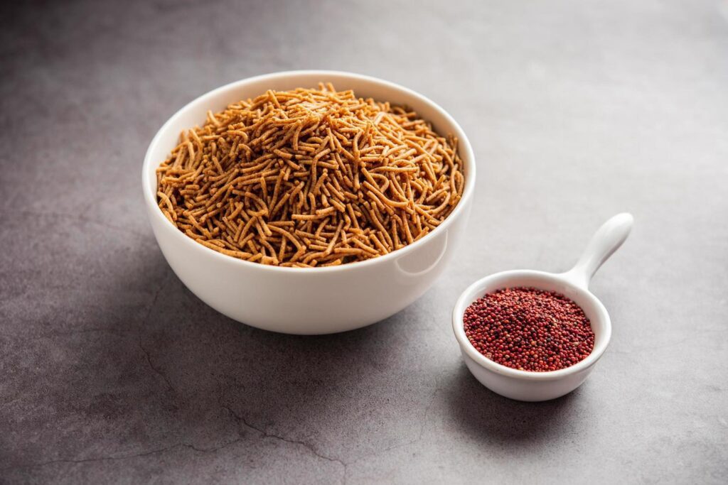 Nachni or Ragi Sev is a delicious crispy noodle made from finger millets, healthy Indian food Stock Free