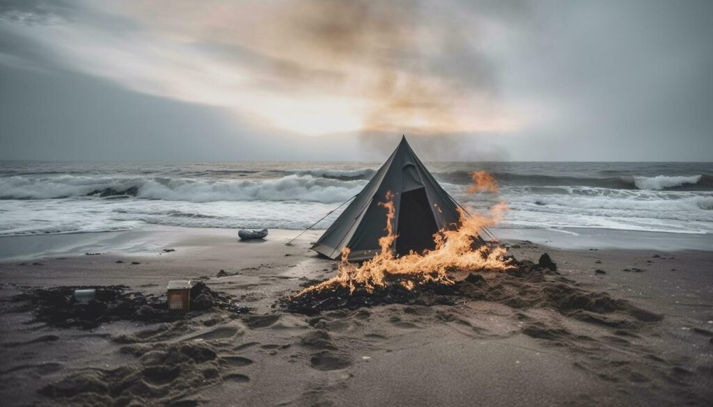 
									Natural flame burning on sandy beach, perfect summer campfire adventure generated by AI Stock Free