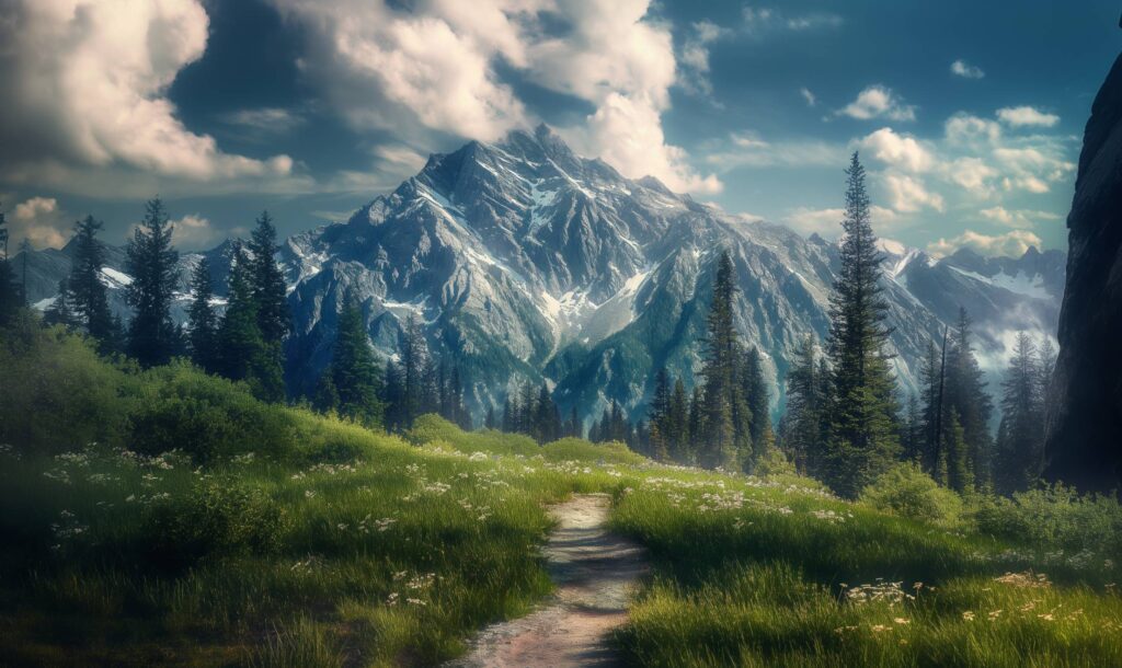 Natural Scenery With Pathway and Mountain View Stock Free