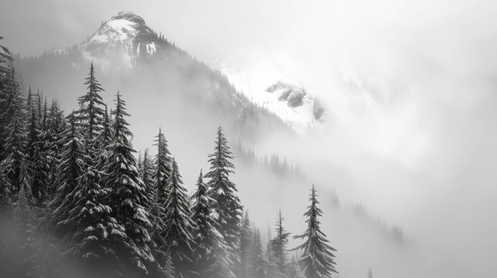 Nature Black and White Photo of Winter Mountain Peaks in Fog Stock Free