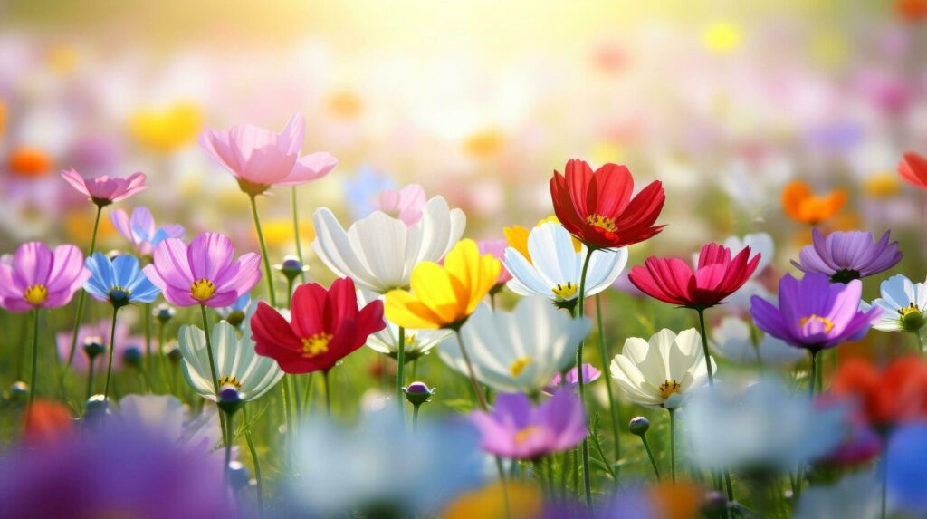 Nature floral background in early summer. Colorful natural spring landscape with with flowers, soft selective focus, Generative AI illustration Free Photo