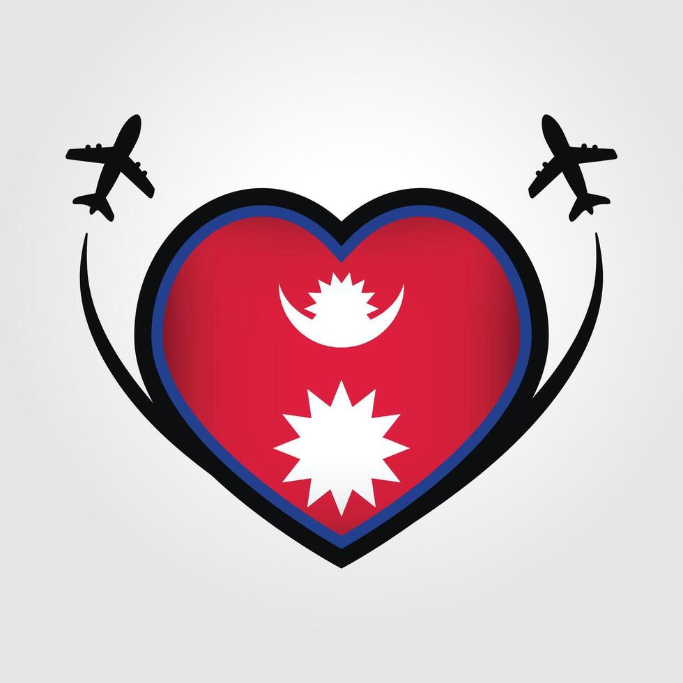 Nepal Travel Heart Flag With Airplane Icons Stock Free