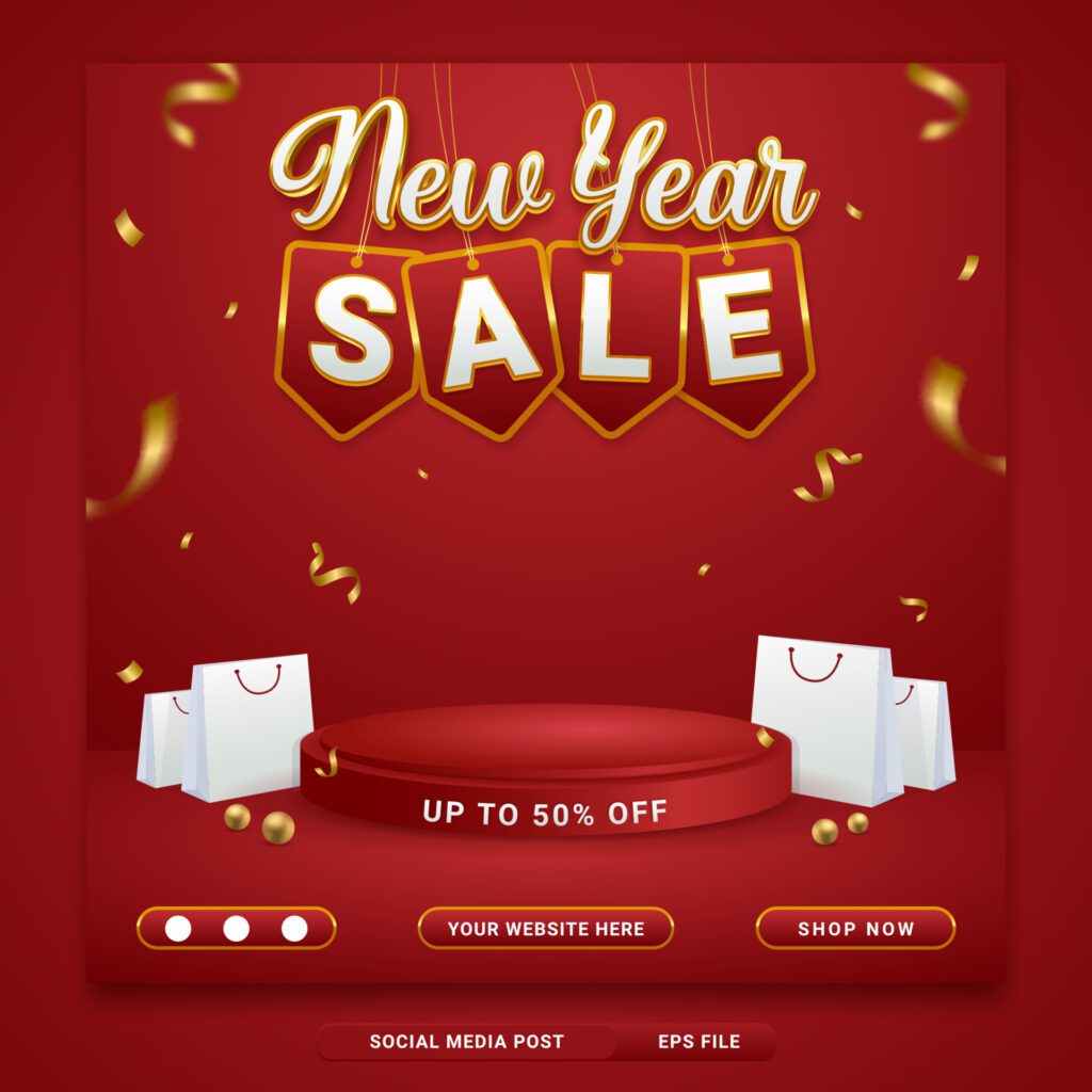 New year sale promo social media banner template with shopping bag on red background Free Vector