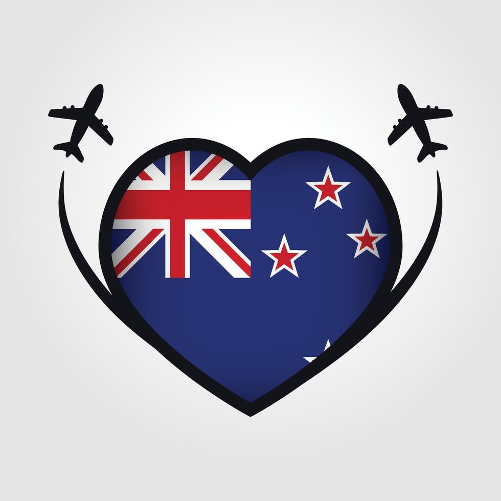 New Zealand Travel Heart Flag With Airplane Icons Stock Free