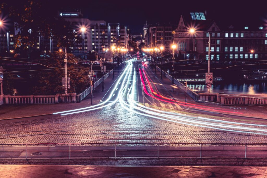 Night Crossroad Traffic in Prague Long Exposure Free Photo