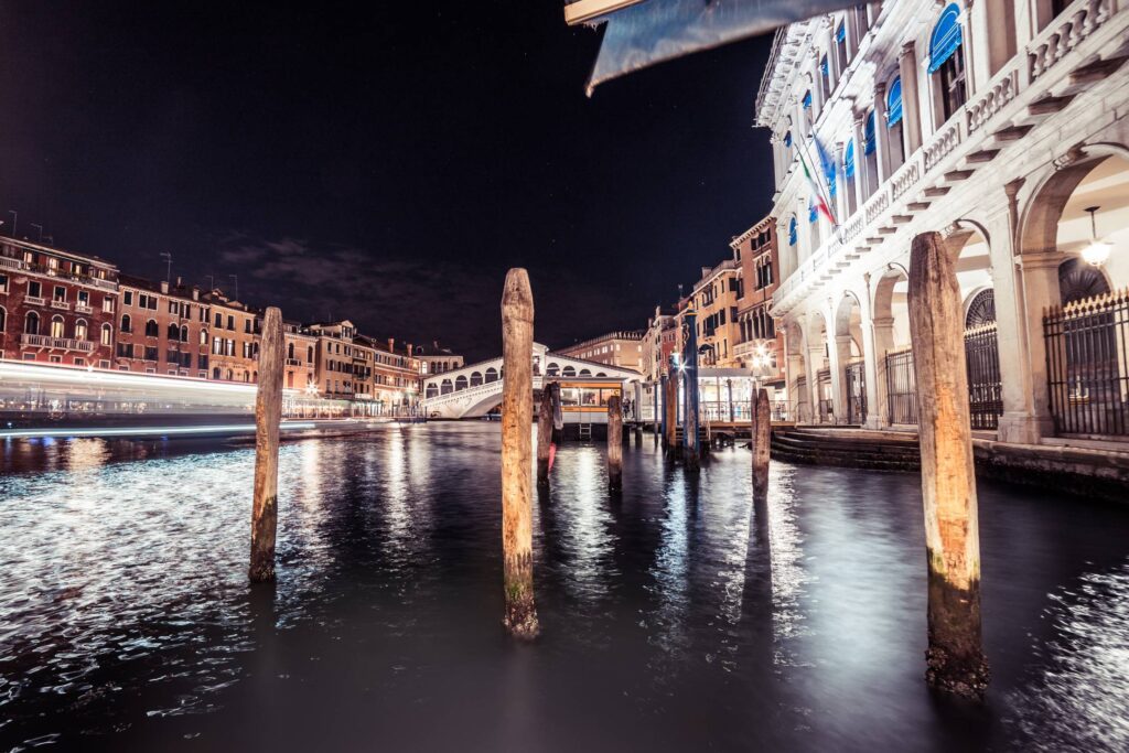 Night View of Venice Canal Grande with Rialto Bridge Free Photo