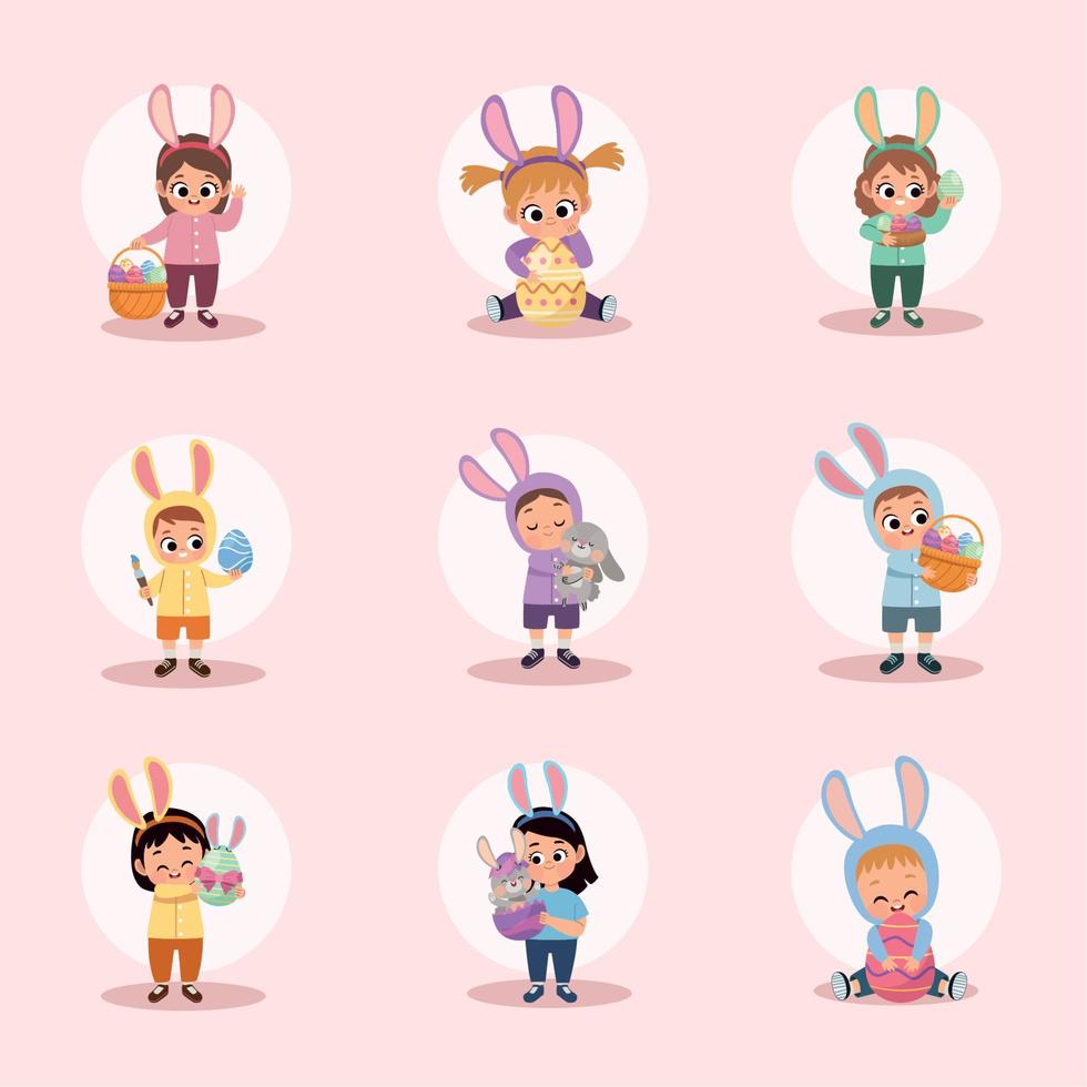 nine kids with easter icons Stock Free