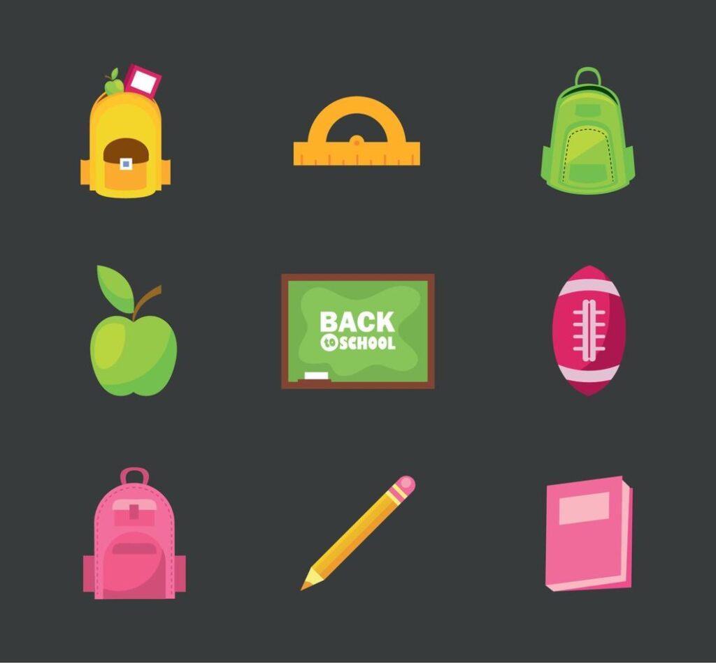 nine school supplies icons Stock Free