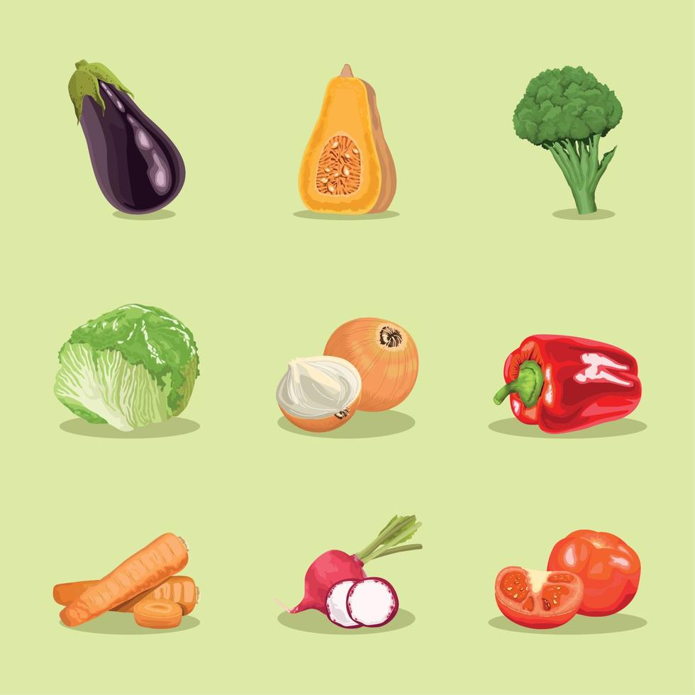 nine vegetables healthy food icons Stock Free