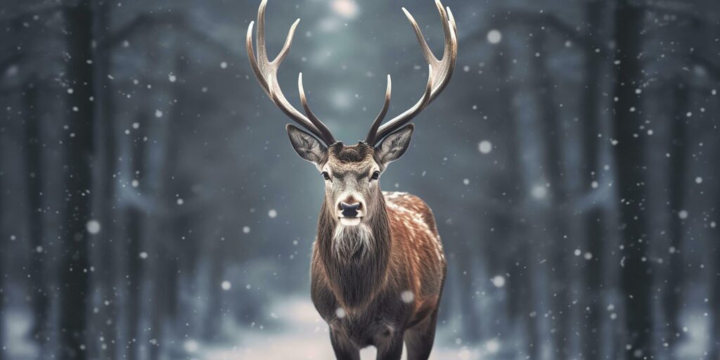 Noble deer male in the winter snow forest. Artistic winter Christmas landscape. AI Generated Free Photo