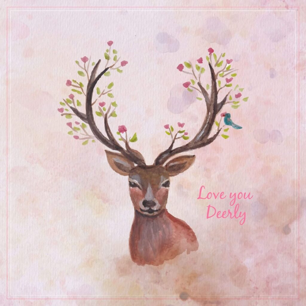 Watercolor reindreer with big antlers, spring flowers on the horns, branches, cherry blossom