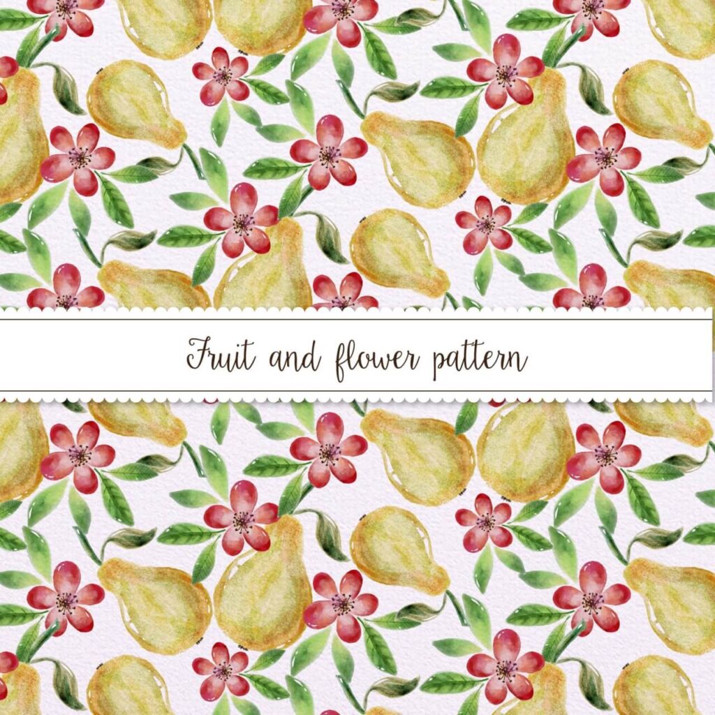 Watercolor Pattern With Pears and Flowers