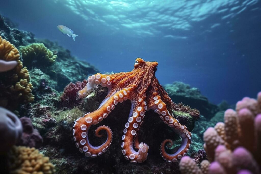 Octopus swimming undersea, Beautiful Underwater, and colorful coral in the wild nature of the Pacific Ocean, Generate Ai. Stock Free