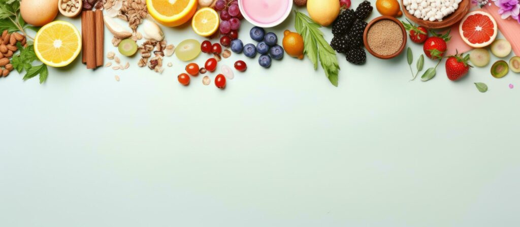 Photo of a colorful assortment of fresh fruits and vegetables on a table with copy space Stock Free