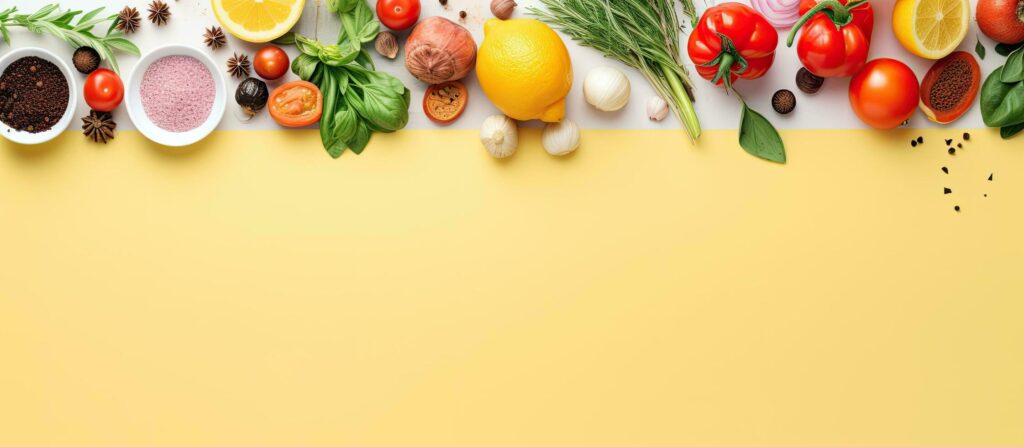 Photo of a colorful assortment of fruits and vegetables on a vibrant yellow background with copy space Stock Free