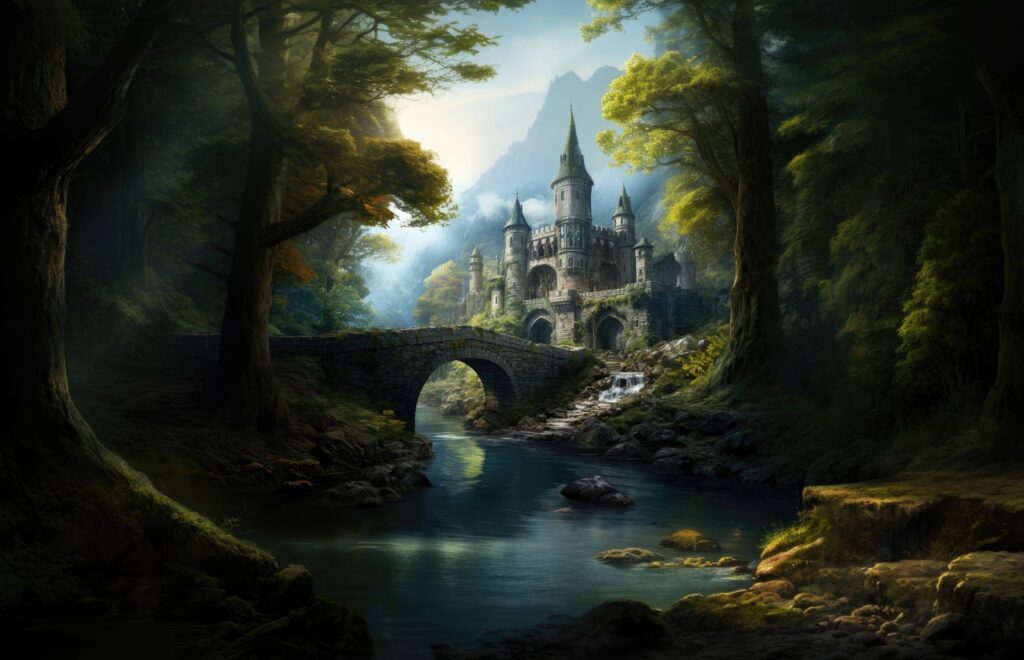 Old Castle with Bridge over River in Forest Stock Free